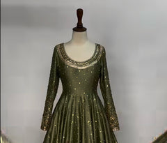 Olive Green Embellished Anarkali – 3 Piece Suit