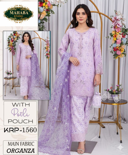 Farshi Salwar Set – Printed Organza with Hand Embellishments & Matching Potli