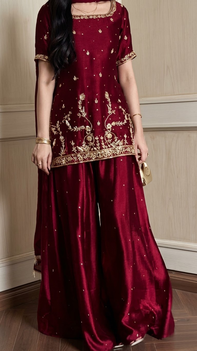 Burgundy Sheesha Silk Short Kurti Set with Flared Lehenga & Medium Silk Dupatta