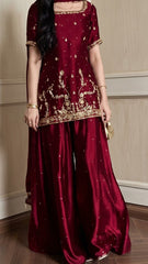 Burgundy Sheesha Silk Short Kurti Set with Flared Lehenga & Medium Silk Dupatta