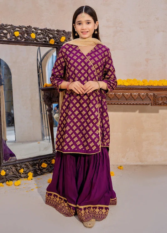 3 Piece Purple Printed raw silk gharara