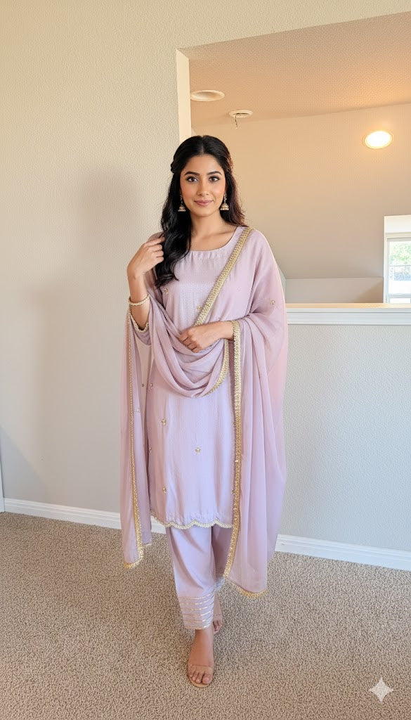 Korean Raw Silk Booti Shirt with Farshi Salwar & Chiffon Dupatta – 3 Piece Set