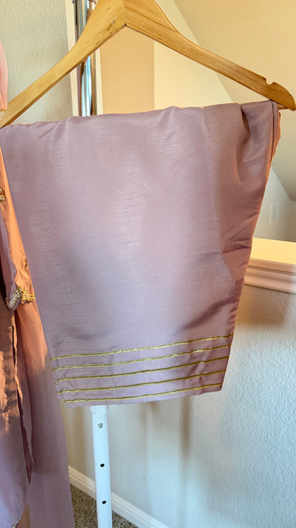 Korean Raw Silk Booti Shirt with Farshi Salwar & Chiffon Dupatta – 3 Piece Set