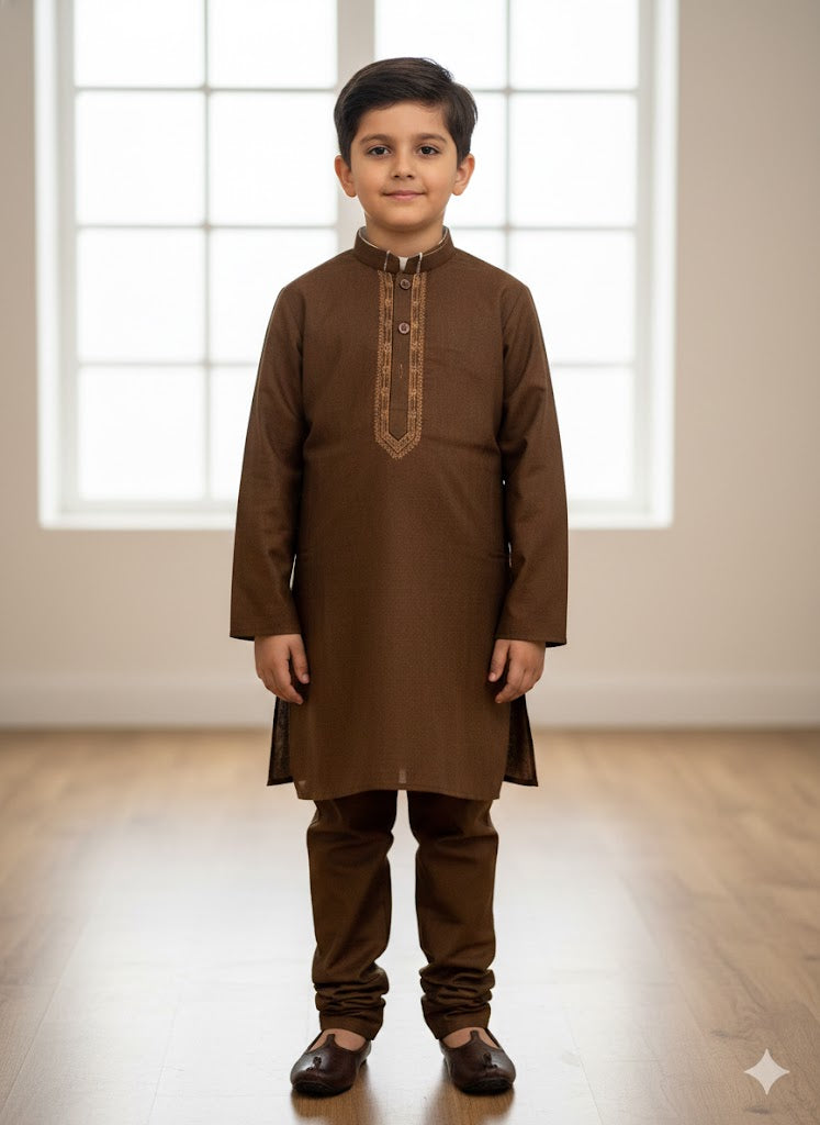 Olive brown embroidered kurta salwar boys