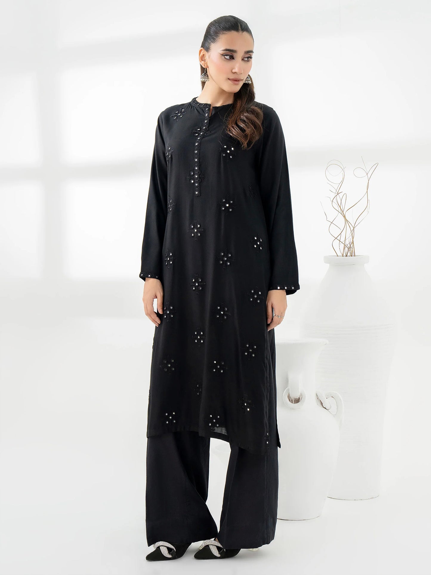 Black Linen Shirt with Embroidered Detailing