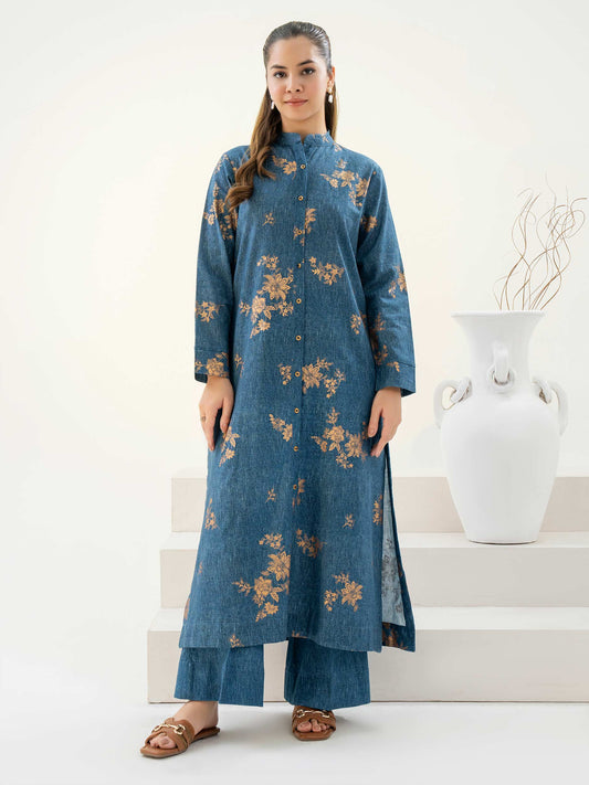 Blue 2 Piece Khaddar Suit with Paste Print