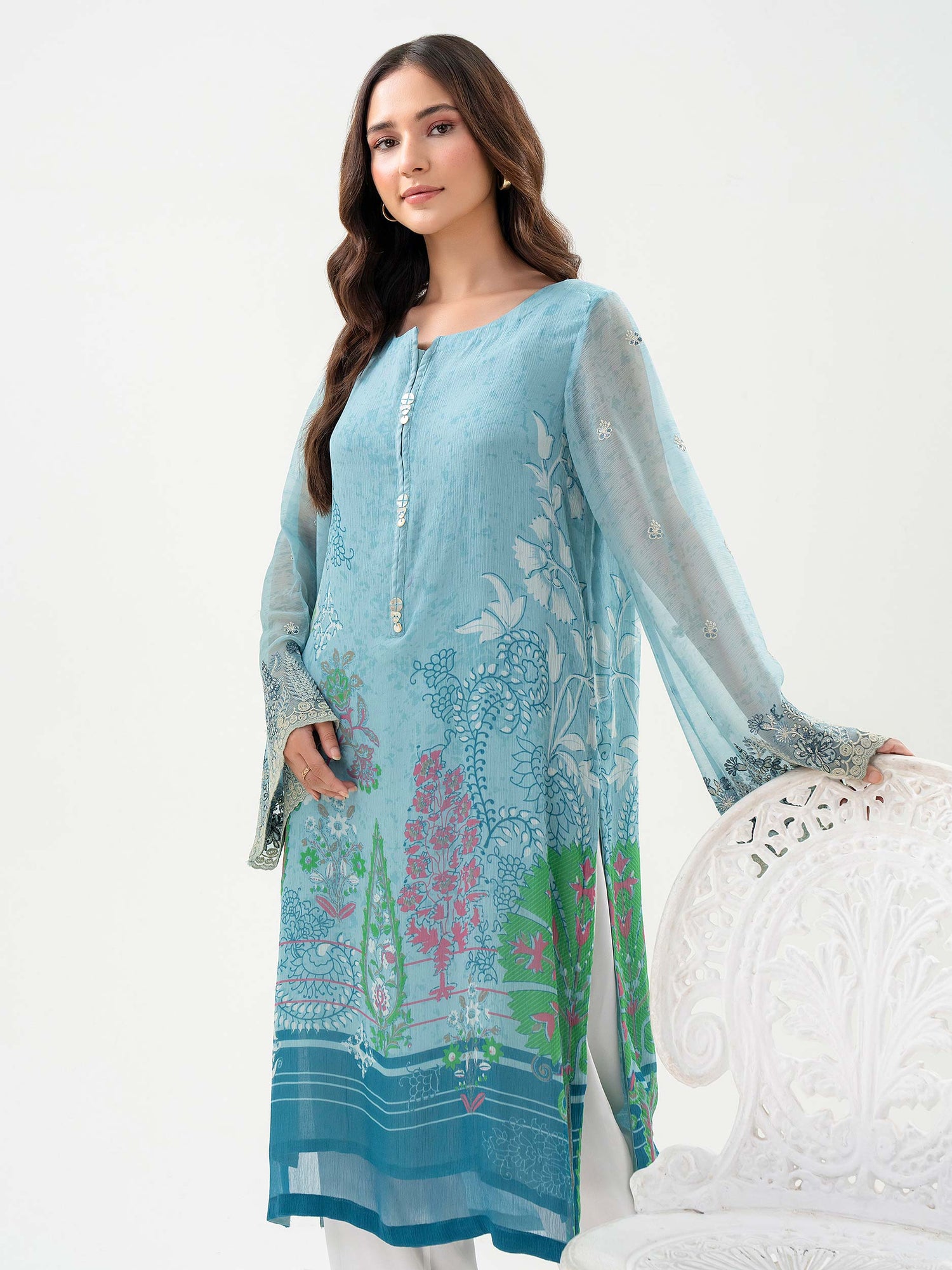 Blue Chiffon Embroidered Shirt