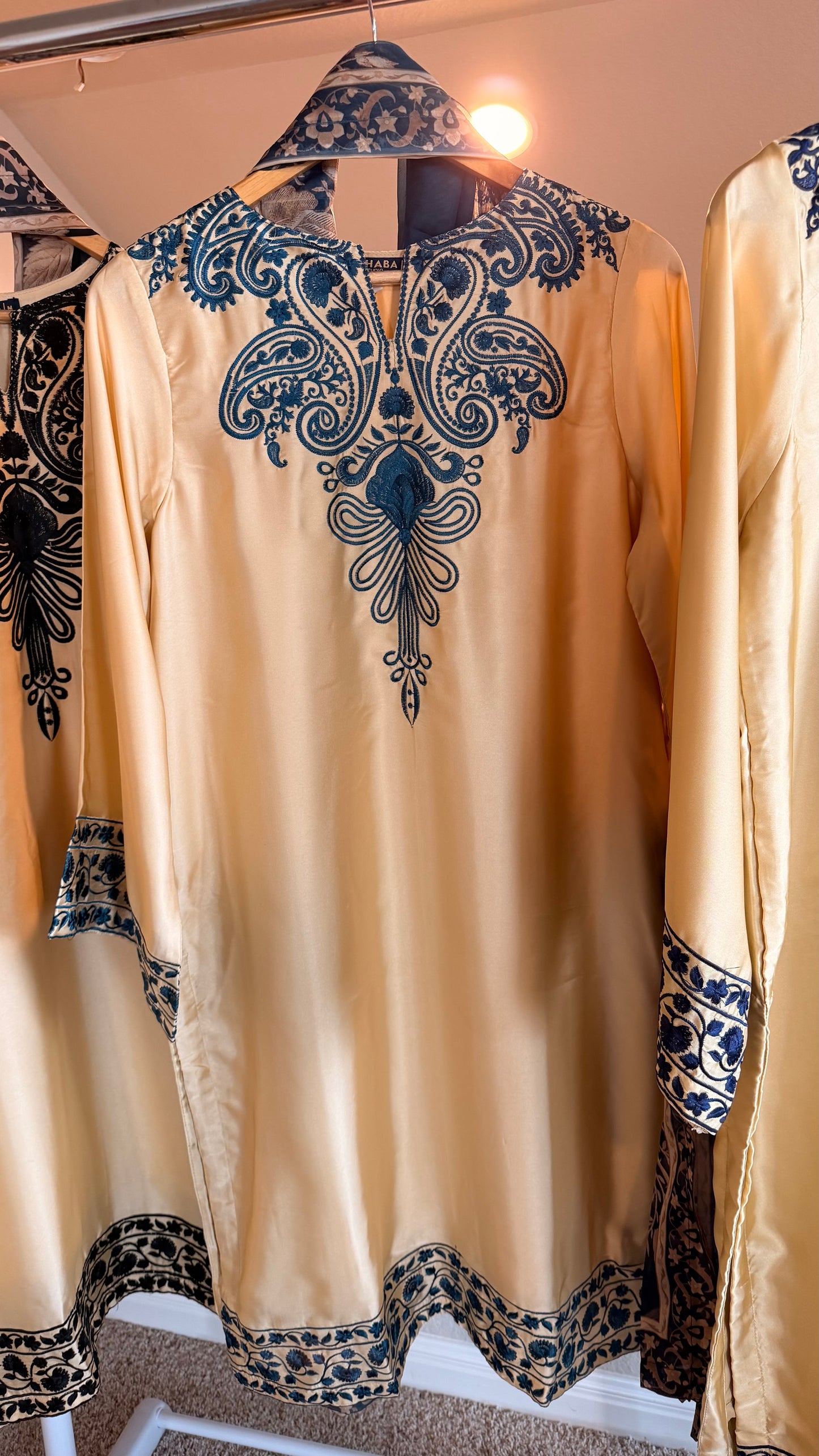 Shamoz Silk Embroidered Off-White Gold Long Shirt Set – 3 Piece | Ready to Ship