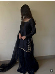 Black Hand-Embroidered Raw Silk Sharara Set - 3 Piece Festive Outfit