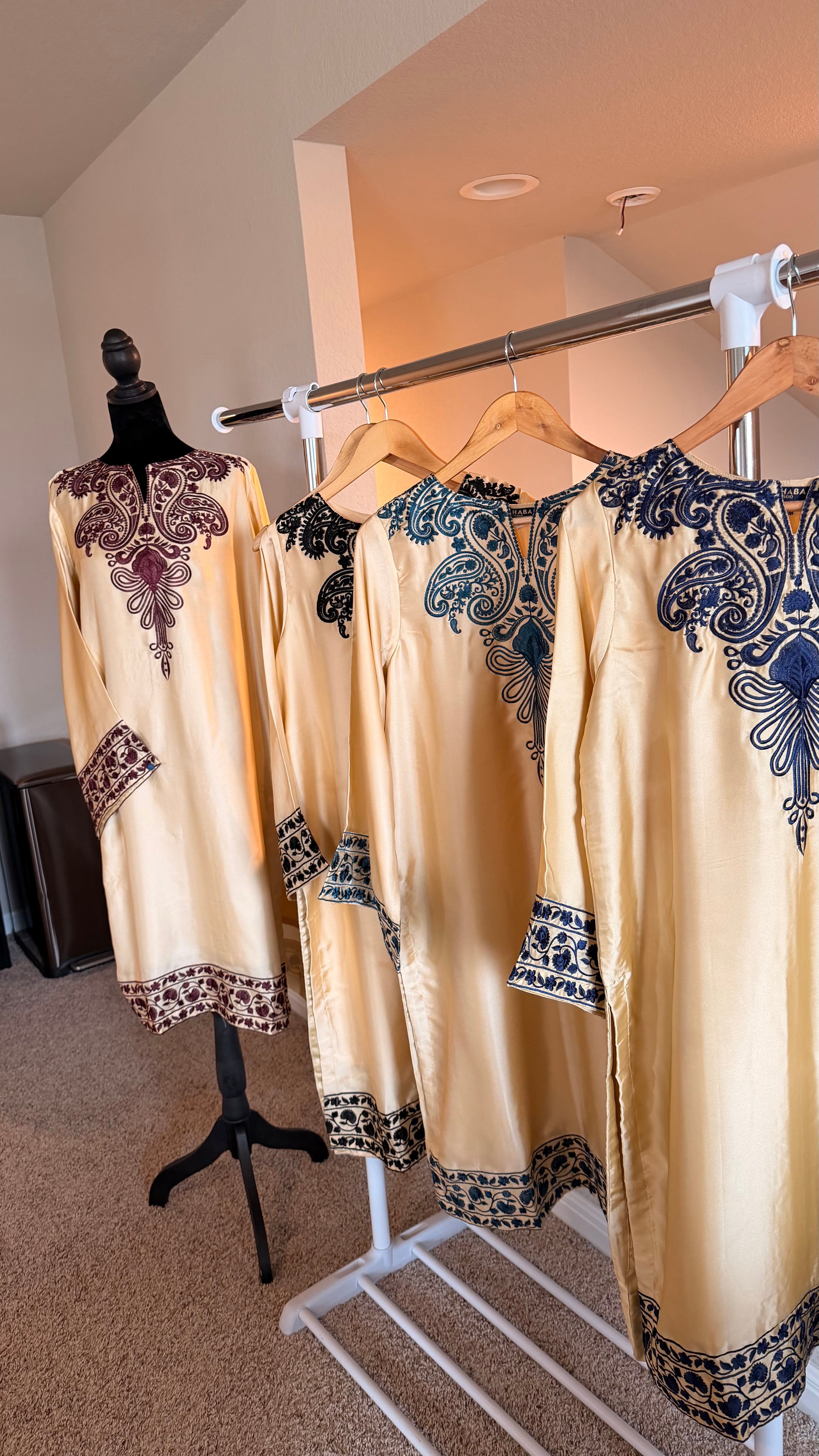 Shamoz Silk Embroidered Off-White Gold Long Shirt Set – 3 Piece | Ready to Ship