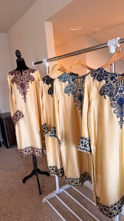 Shamoz Silk Embroidered Off-White Gold Long Shirt Set – 3 Piece | Ready to Ship