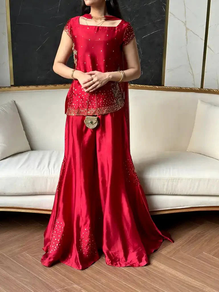 Ruby Red Embellished Gharara Set ✨
