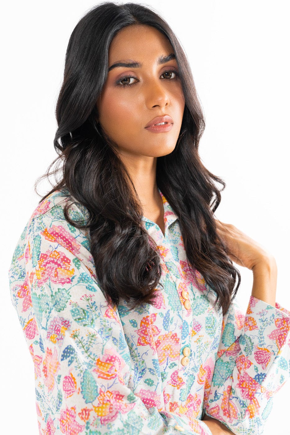 closeup view of Multicolor Printed Khaddar Kurti