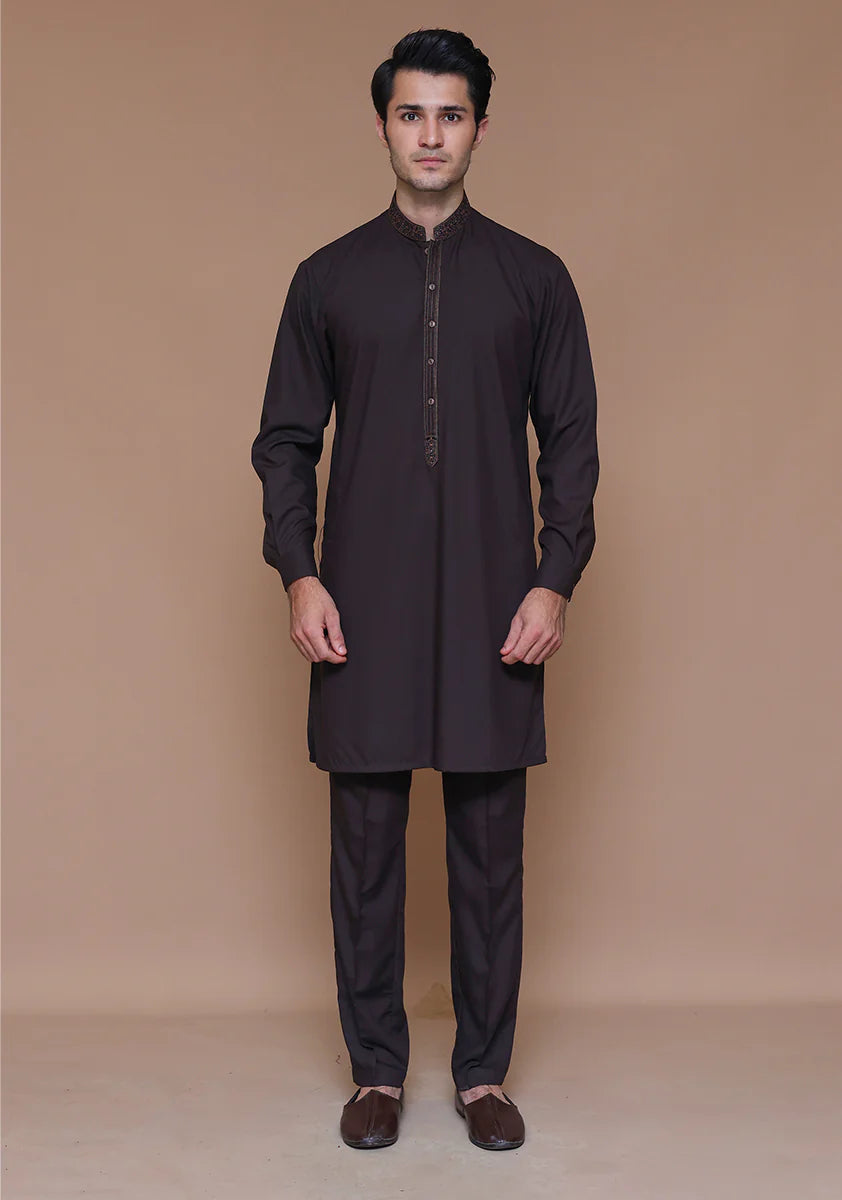 Classic Poly Viscose Coffee Bean Slim Fit Embroidered Suit