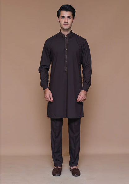 Classic Poly Viscose Coffee Bean Slim Fit Embroidered Suit