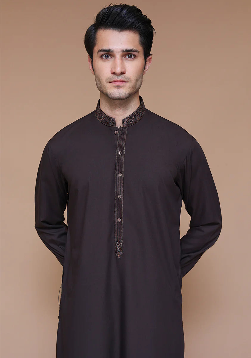 Classic Poly Viscose Coffee Bean Slim Fit Embroidered Suit close