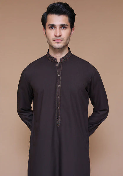 Classic Poly Viscose Coffee Bean Slim Fit Embroidered Suit close