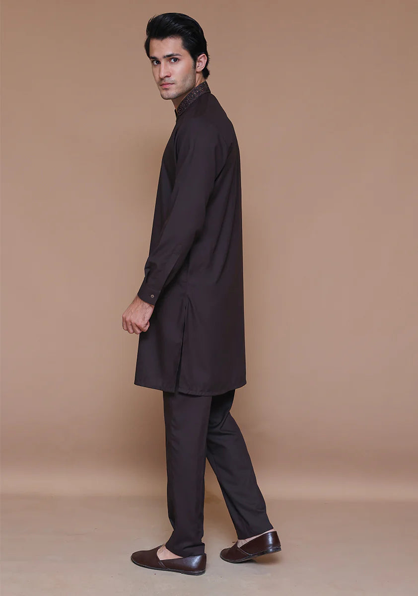 Classic Poly Viscose Coffee Bean Slim Fit Embroidered Suit side