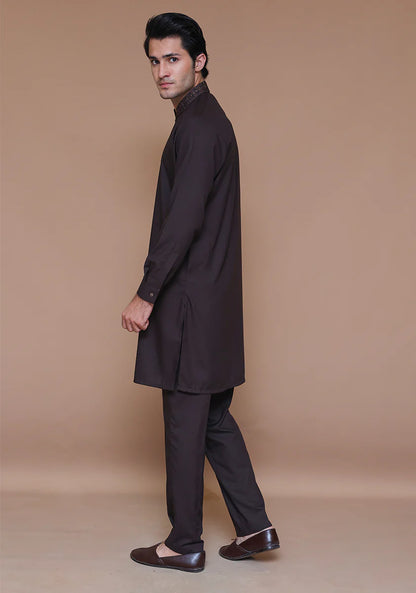 Classic Poly Viscose Coffee Bean Slim Fit Embroidered Suit side