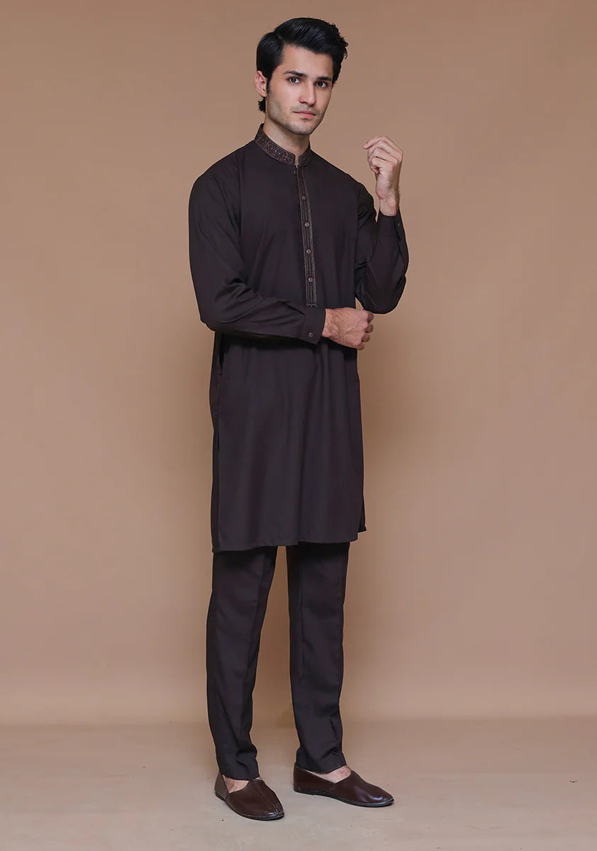 Classic Poly Viscose Coffee Bean Slim Fit Embroidered Suit full
