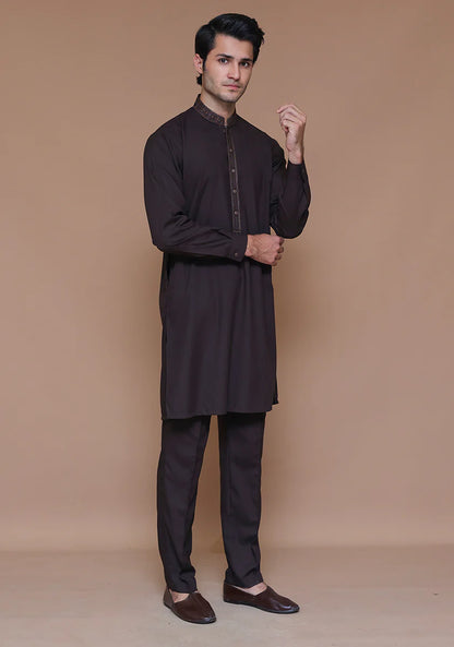 Classic Poly Viscose Coffee Bean Slim Fit Embroidered Suit full