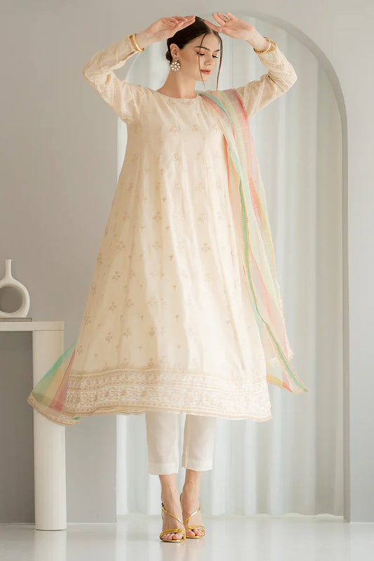 Cream 3-piece Pakistani kurta set with sequins embroidery, USA store