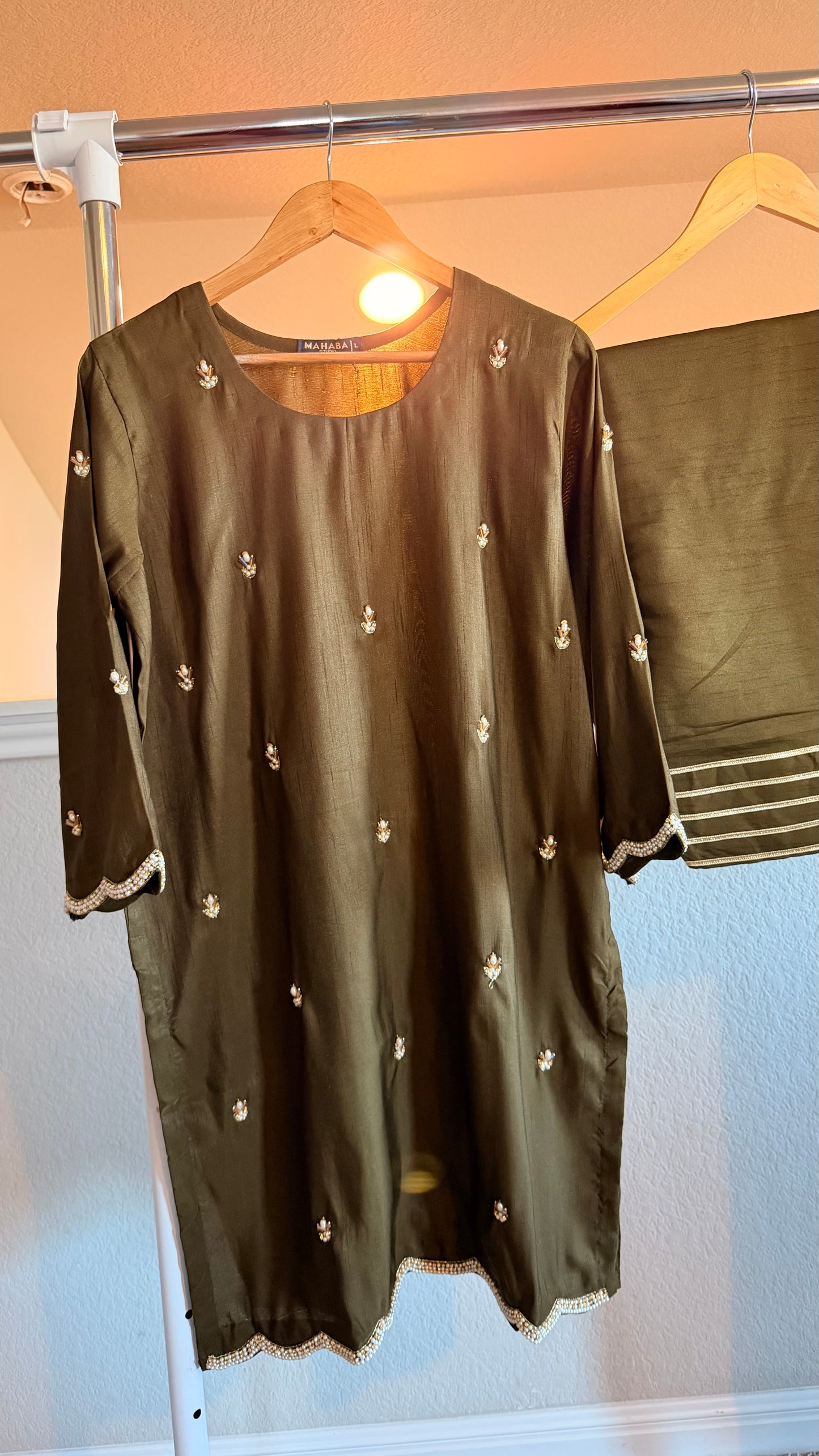 Korean Raw Silk Booti Shirt with Farshi Salwar & Chiffon Dupatta – 3 Piece Set