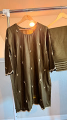 Korean Raw Silk Booti Shirt with Farshi Salwar & Chiffon Dupatta – 3 Piece Set