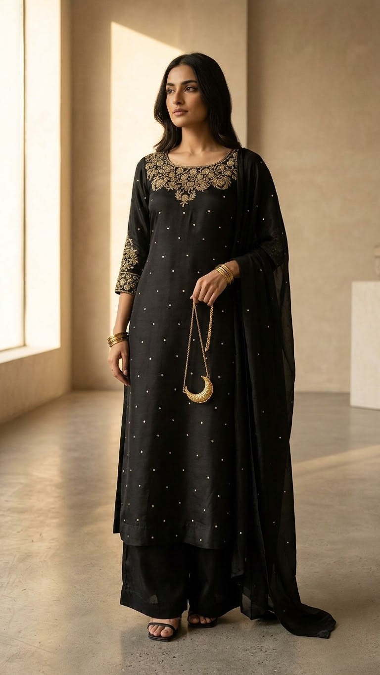 Midnight Black Sheesha Silk Embroidered 3-Piece Ensemble