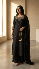 Midnight Black Sheesha Silk Embroidered 3-Piece Ensemble