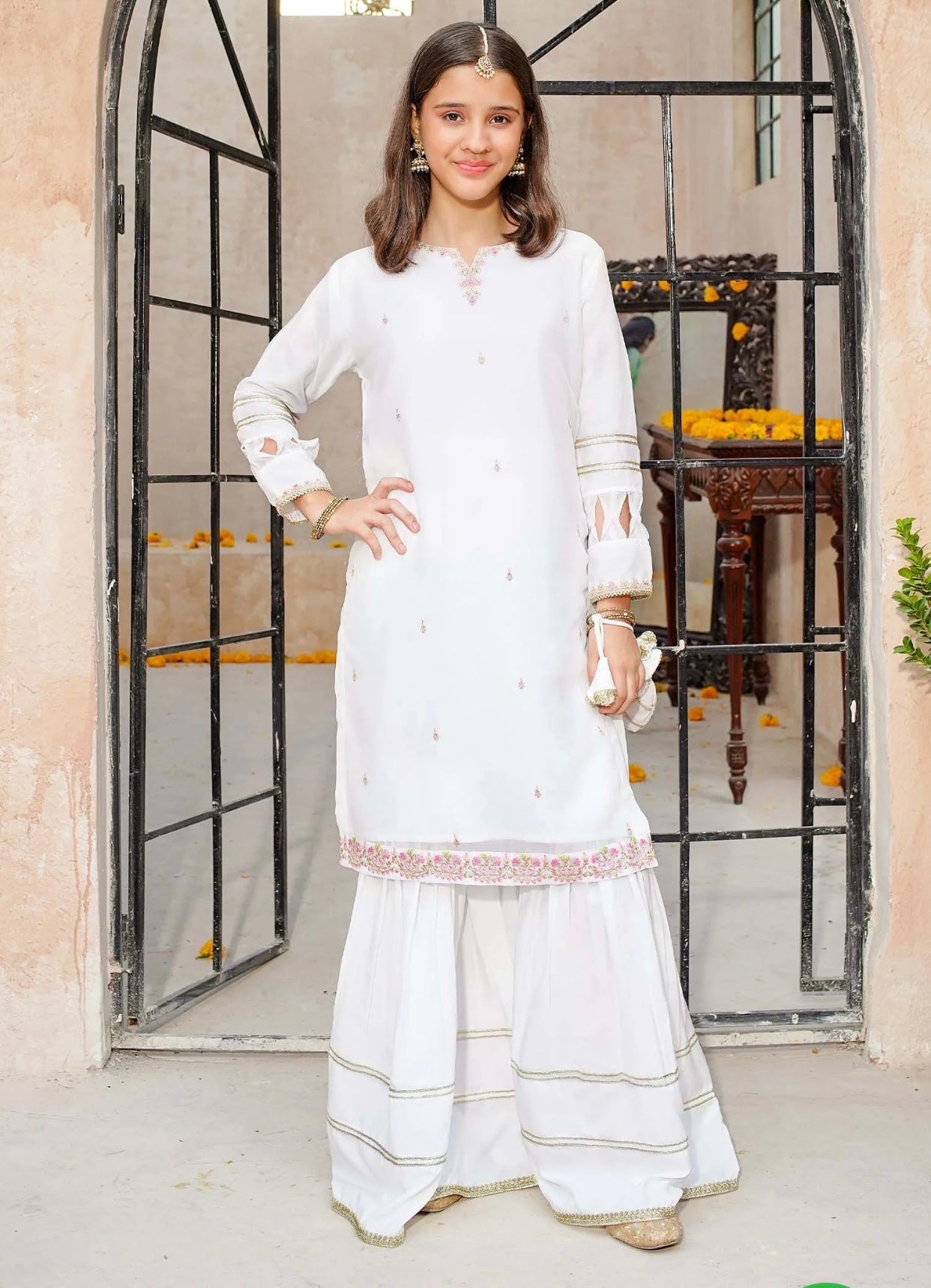 3 Piece White Chiffon Embroidered Gharara