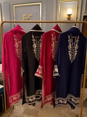 Embroidered China Silk 3-Piece Suite - Elegant Long-Line Silhouette