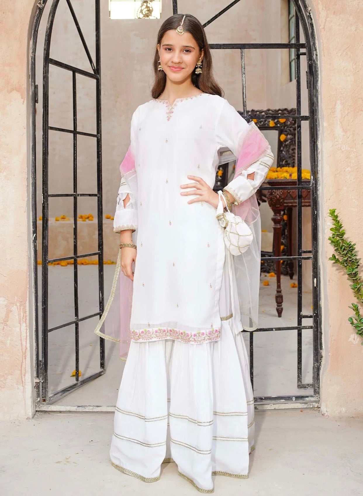 3 Piece White Chiffon Embroidered Gharara