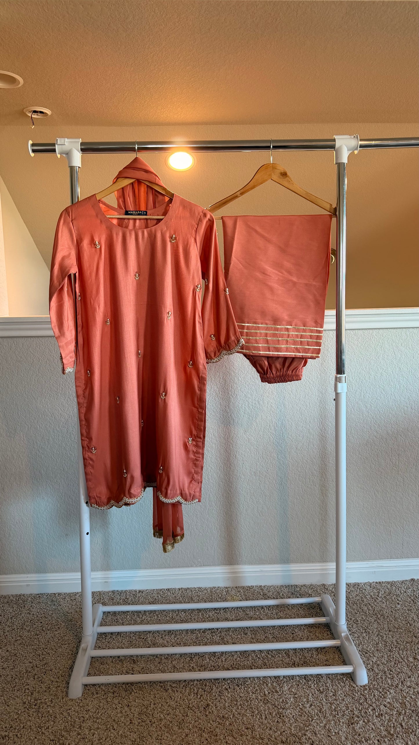 Korean Raw Silk Booti Shirt with Farshi Salwar & Chiffon Dupatta – 3 Piece Set