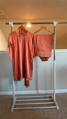 Korean Raw Silk Booti Shirt with Farshi Salwar & Chiffon Dupatta – 3 Piece Set