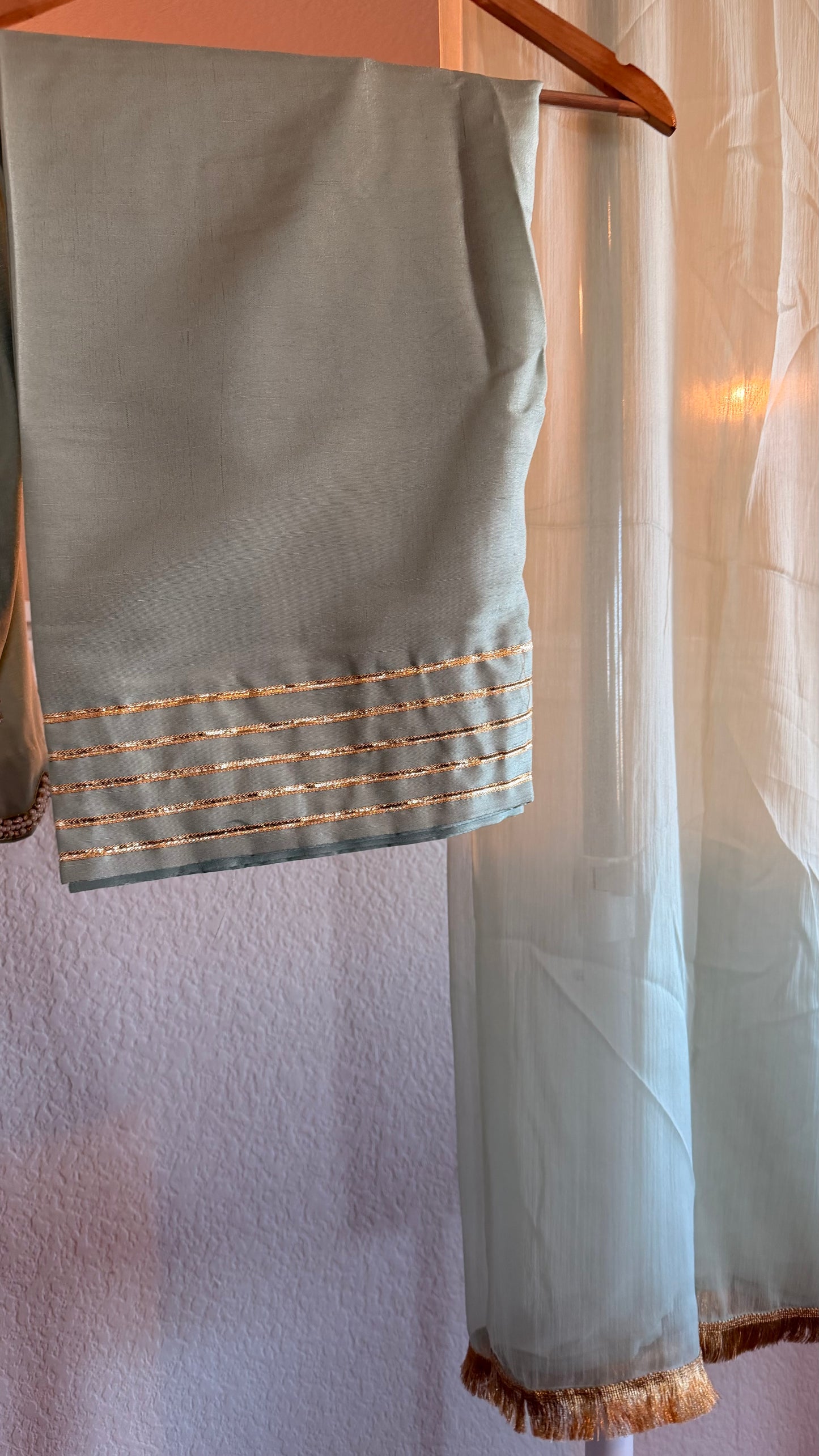 Korean Raw Silk Booti Shirt with Farshi Salwar & Chiffon Dupatta – 3 Piece Set