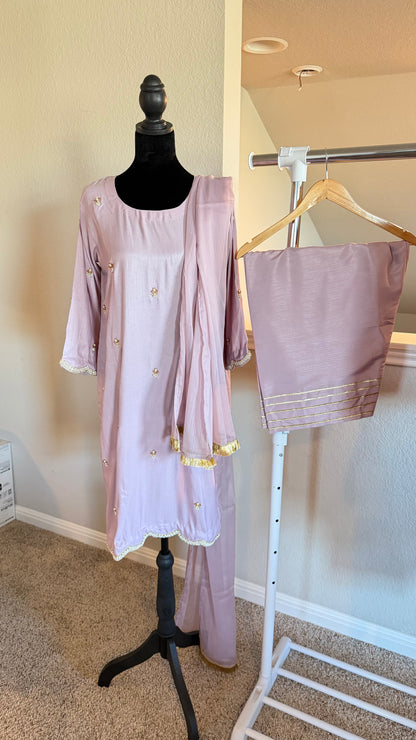 Korean Raw Silk Booti Shirt with Farshi Salwar & Chiffon Dupatta – 3 Piece Set