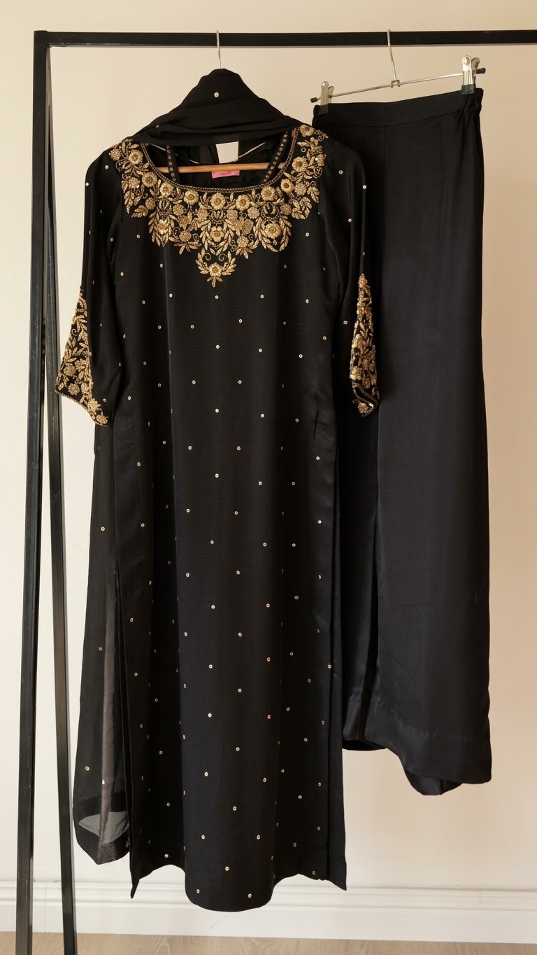 Midnight Black Sheesha Silk Embroidered 3-Piece Ensemble