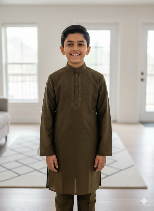 Mehndi Green embroidered kurta trouser boys