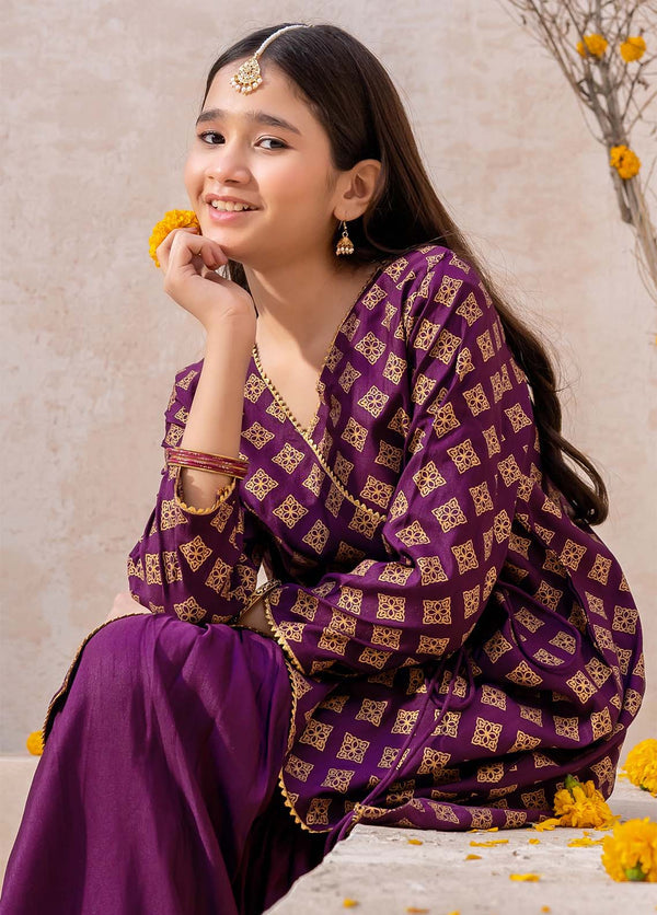 3 Piece Purple Printed raw silk gharara