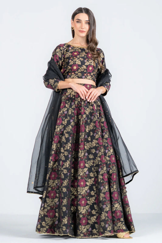 Festival 3 Piece Black Jacquard Lehenga Set with Embroidery