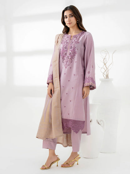 Dyed embroidered Satin shirt with jacquard shawl and satin trousers in lilac