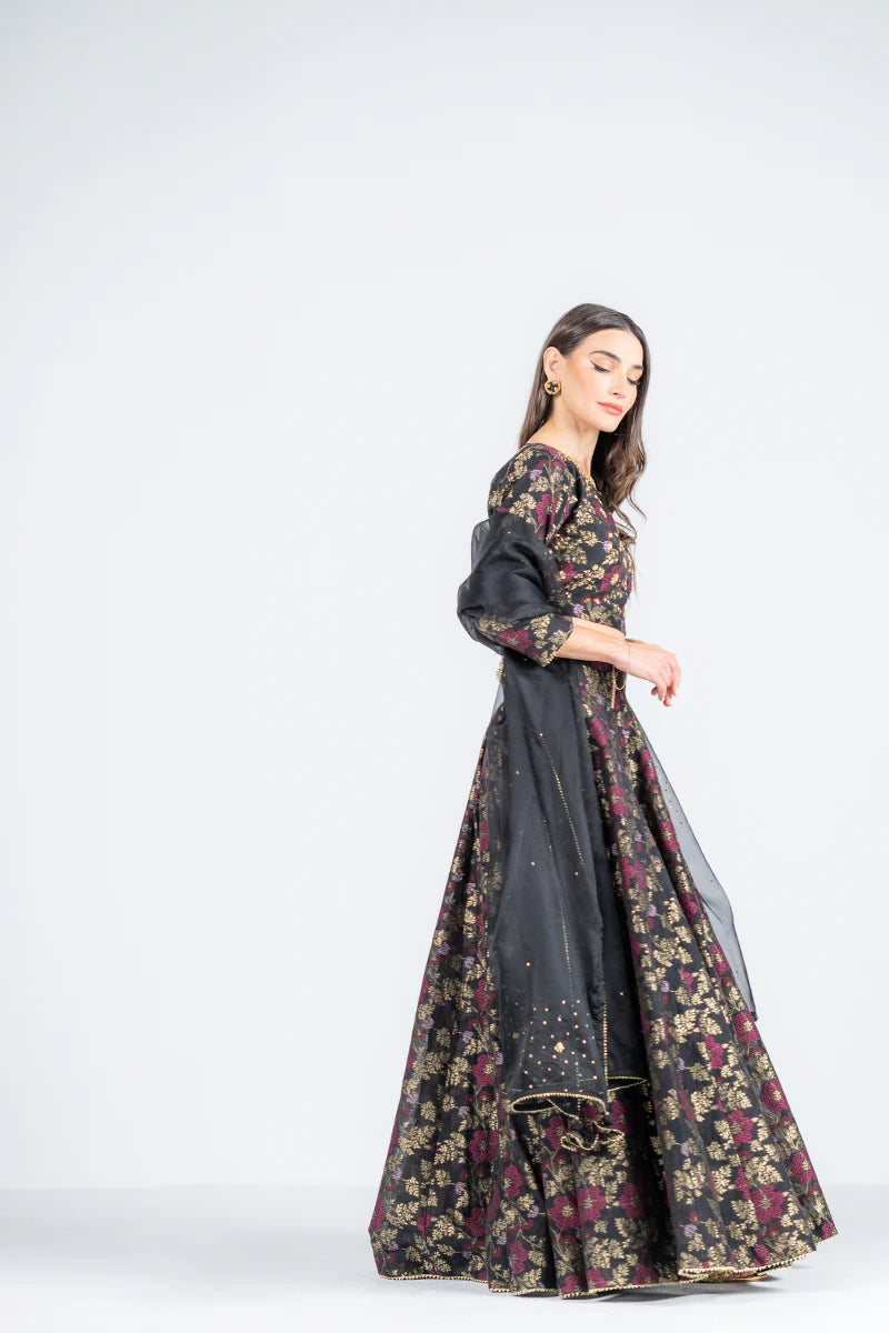 Festival 3 Piece Black Jacquard Lehenga Set with Embroidery side view