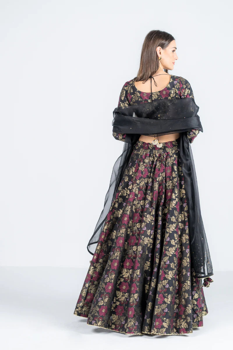 Festival 3 Piece Black Jacquard Lehenga Set with Embroidery back view