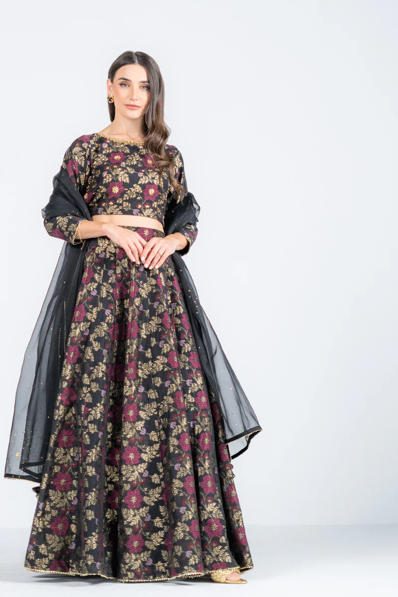 Festival 3 Piece Black Jacquard Lehenga Set with Embroidery full view