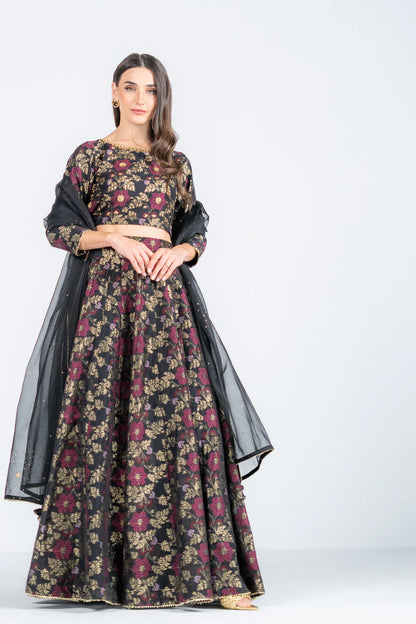 Festival 3 Piece Black Jacquard Lehenga Set with Embroidery full view