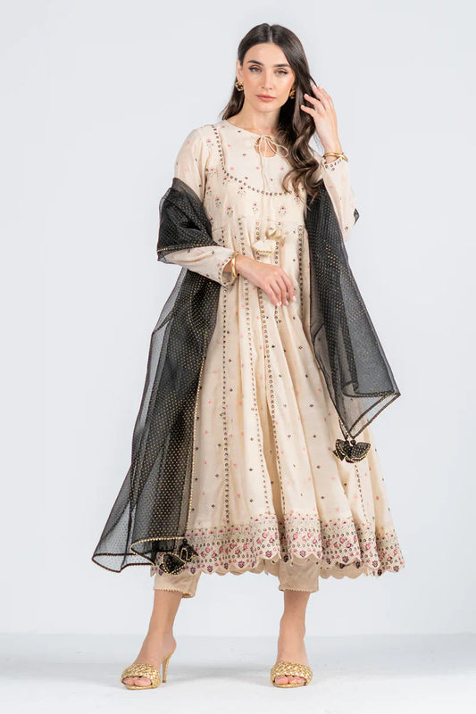 Mesmerize fawn 3-piece suit with flared kurta and sequin embroidery