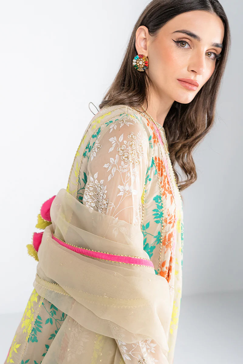 Beige chiffon 3-piece suit with embroidery and prints