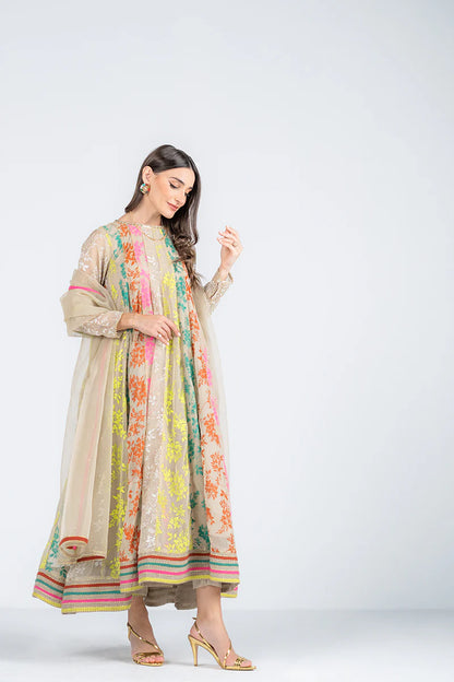 Festive chiffon suit with printed and embroidered details