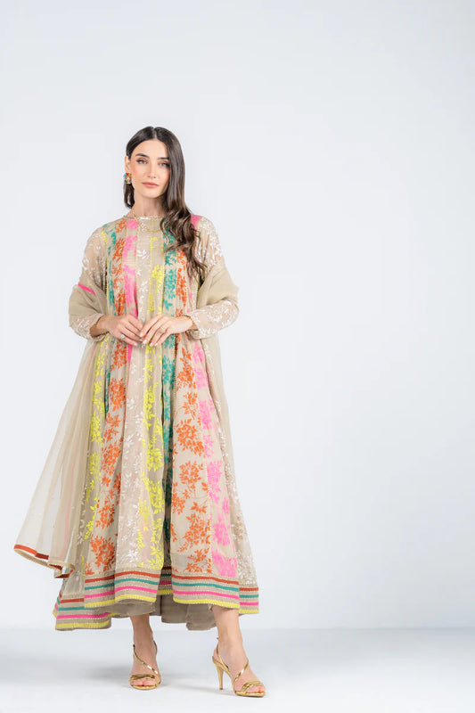 Neon Garden Beige Chiffon 3-Piece Suit with Embroidery | Ego